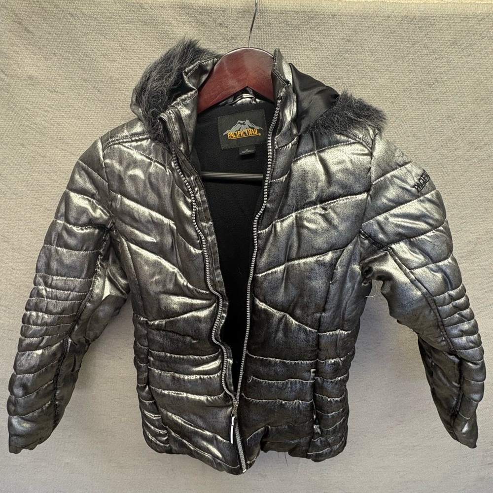 Silver Metallic Puffer Jacket with Faux Fur Hood